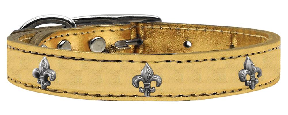 Silver Fleur De Lis Widget Genuine Metallic Leather Dog Collar Gold 10