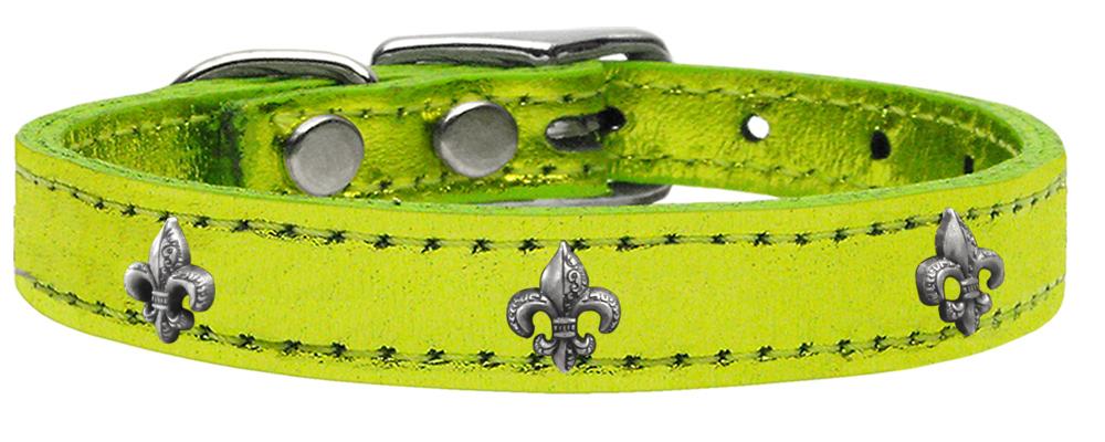 Silver Fleur De Lis Widget Genuine Metallic Leather Dog Collar Lime Green 10