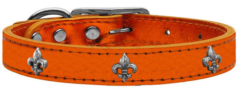 Silver Fleur De Lis Widget Genuine Metallic Leather Dog Collar Orange 10