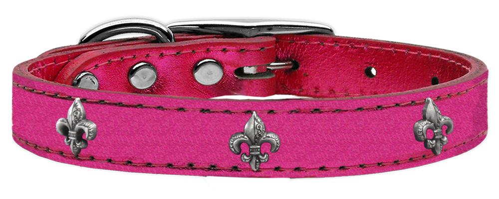 Silver Fleur De Lis Widget Genuine Metallic Leather Dog Collar Pink 10