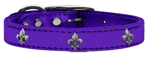 Silver Fleur De Lis Widget Genuine Metallic Leather Dog Collar Purple 10