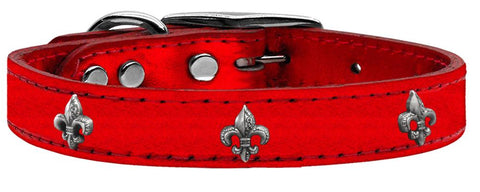 Silver Fleur De Lis Widget Genuine Metallic Leather Dog Collar Red 10