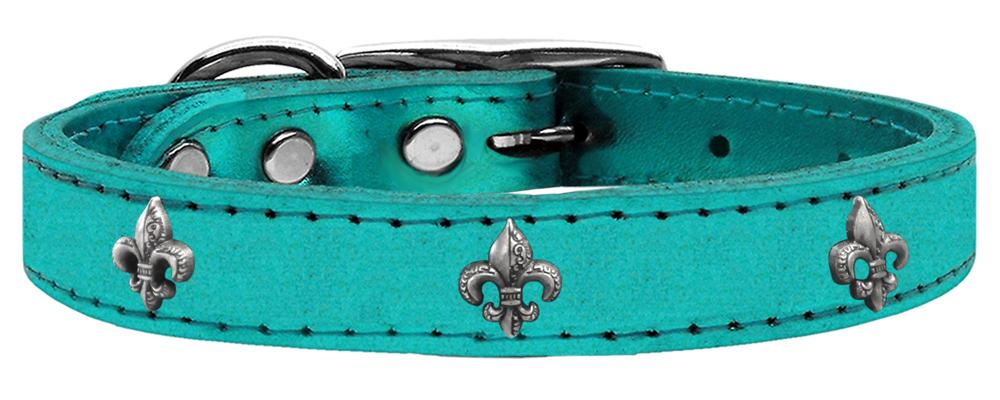 Silver Fleur De Lis Widget Genuine Metallic Leather Dog Collar Turquoise 10