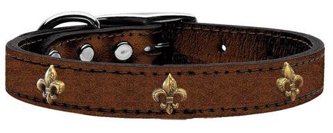 Bronze Fleur De Lis Widget Genuine Metallic Leather Dog Collar Bronze 10