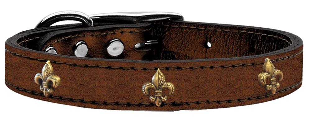 Bronze Fleur De Lis Widget Genuine Metallic Leather Dog Collar Bronze 12