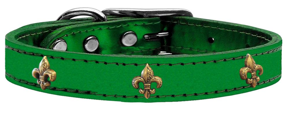 Bronze Fleur De Lis Widget Genuine Metallic Leather Dog Collar Emerald Green 10