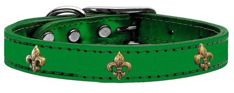 Bronze Fleur De Lis Widget Genuine Metallic Leather Dog Collar Emerald Green 10