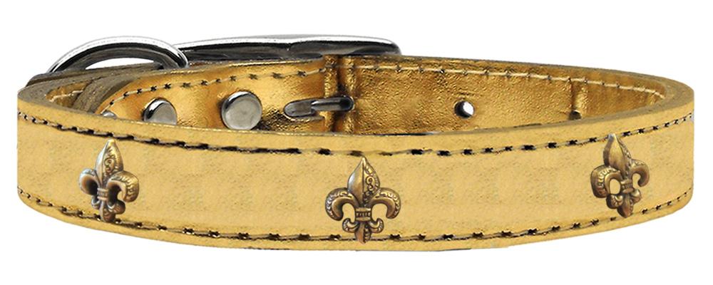 Bronze Fleur De Lis Widget Genuine Metallic Leather Dog Collar Gold 10