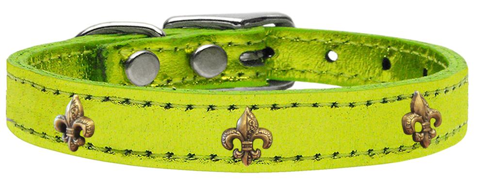 Bronze Fleur De Lis Widget Genuine Metallic Leather Dog Collar Lime Green 10