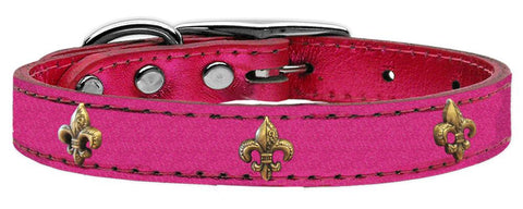 Bronze Fleur De Lis Widget Genuine Metallic Leather Dog Collar Pink 10