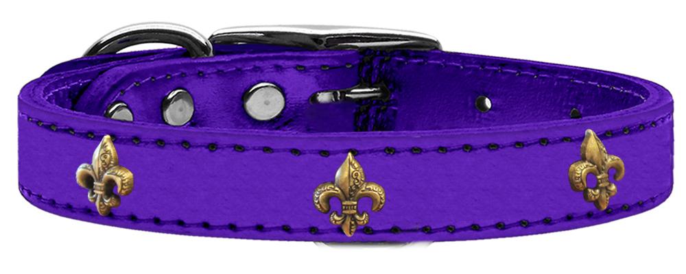 Bronze Fleur De Lis Widget Genuine Metallic Leather Dog Collar Purple 10