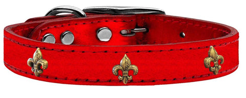 Bronze Fleur De Lis Widget Genuine Metallic Leather Dog Collar Red 10