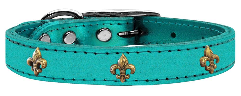 Bronze Fleur De Lis Widget Genuine Metallic Leather Dog Collar Turquoise 10