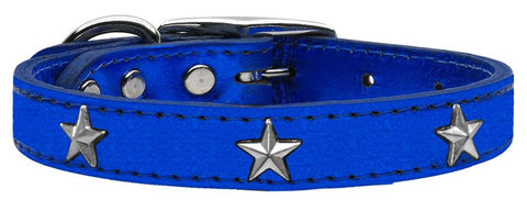 Silver Star Widget Genuine Metallic Leather Dog Collar Blue 10