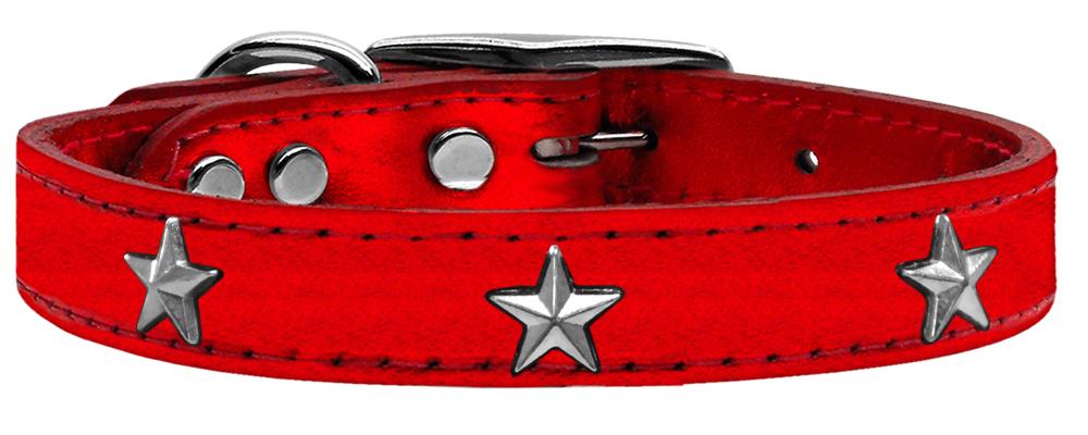 Silver Star Widget Genuine Metallic Leather Dog Collar Red 10