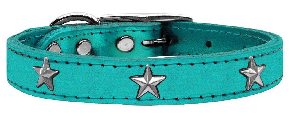 Silver Star Widget Genuine Metallic Leather Dog Collar Turquoise 10