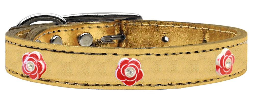 Red Rose Widget Genuine Metallic Leather Dog Collar Gold 10