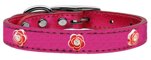 Red Rose Widget Genuine Metallic Leather Dog Collar Pink 10