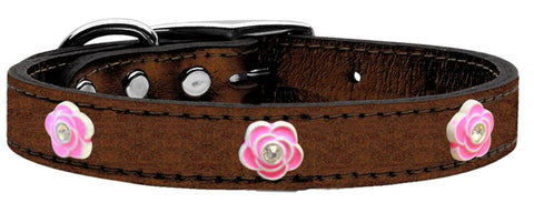 Bright Pink Rose Widget Genuine Metallic Leather Dog Collar Bronze 10