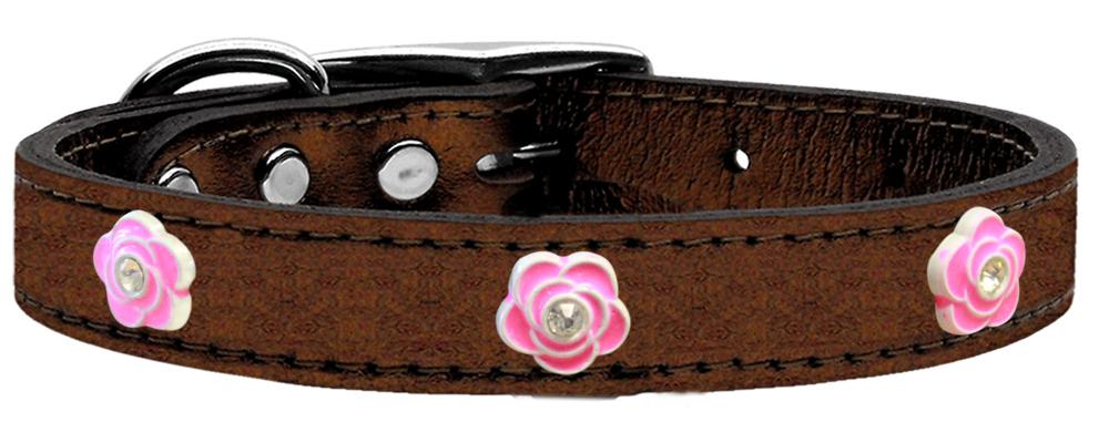 Bright Pink Rose Widget Genuine Metallic Leather Dog Collar Bronze 12