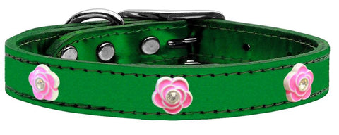 Bright Pink Rose Widget Genuine Metallic Leather Dog Collar Emerald Green 10