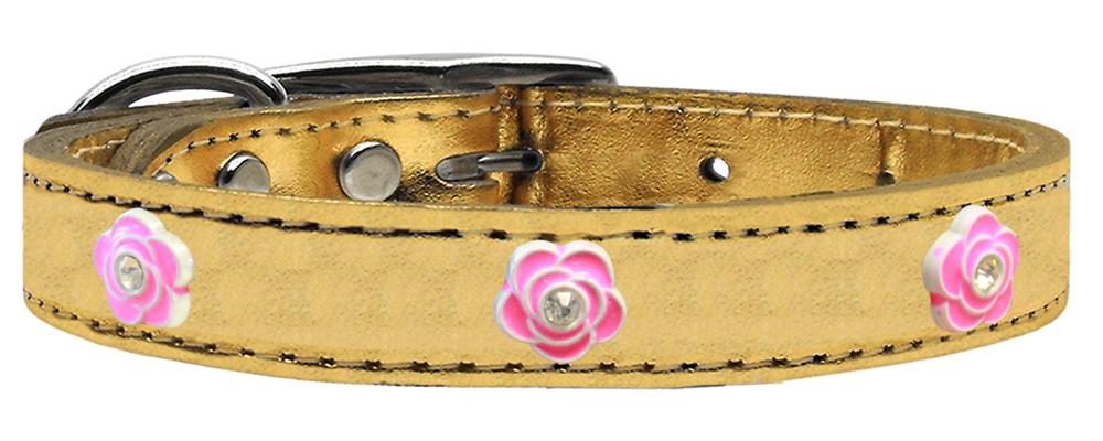 Bright Pink Rose Widget Genuine Metallic Leather Dog Collar Gold 10