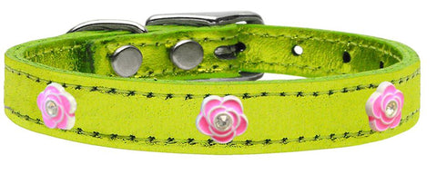 Bright Pink Rose Widget Genuine Metallic Leather Dog Collar Lime Green 10