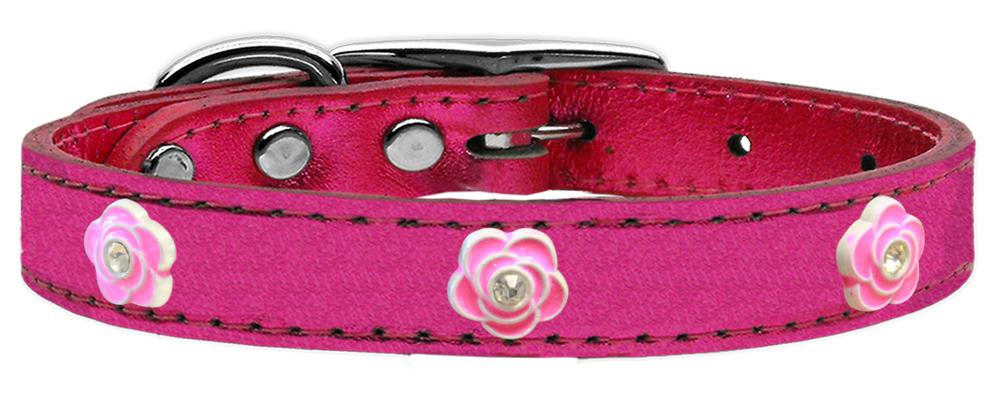 Bright Pink Rose Widget Genuine Metallic Leather Dog Collar Pink 10