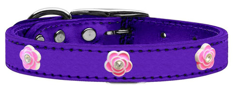 Bright Pink Rose Widget Genuine Metallic Leather Dog Collar Purple 10