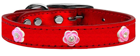 Bright Pink Rose Widget Genuine Metallic Leather Dog Collar Red 10