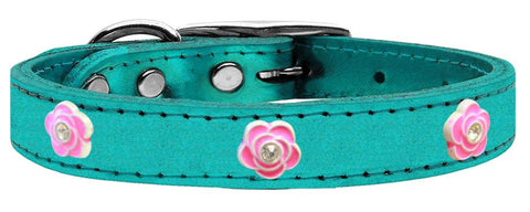 Bright Pink Rose Widget Genuine Metallic Leather Dog Collar Turquoise 10