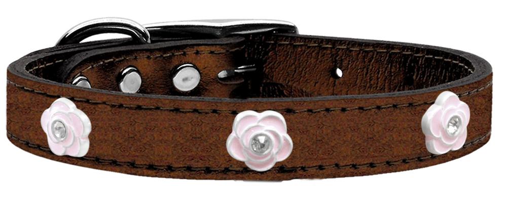 Light Pink Rose Widget Genuine Metallic Leather Dog Collar Bronze 10