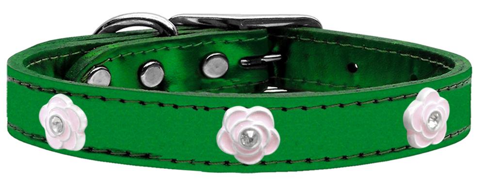 Light Pink Rose Widget Genuine Metallic Leather Dog Collar Emerald Green 10