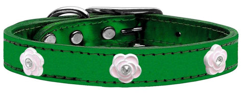 Light Pink Rose Widget Genuine Metallic Leather Dog Collar Emerald Green 14