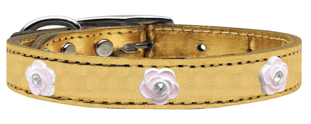 Light Pink Rose Widget Genuine Metallic Leather Dog Collar Gold 10