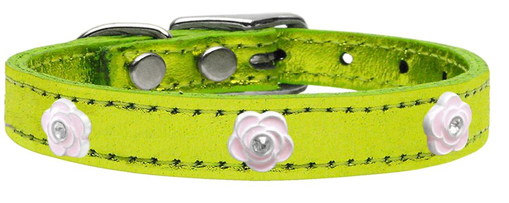 Light Pink Rose Widget Genuine Metallic Leather Dog Collar Lime Green 10