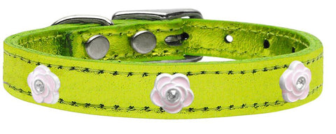 Light Pink Rose Widget Genuine Metallic Leather Dog Collar Lime Green 10