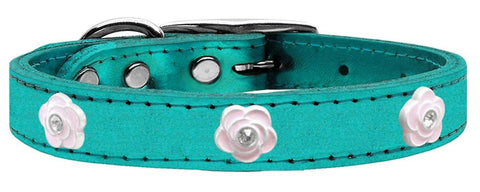 Light Pink Rose Widget Genuine Metallic Leather Dog Collar Turquoise 10