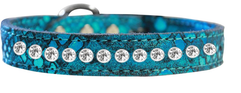 One Row Clear Jeweled Dragon Skin Genuine Leather Dog Collar Blue Size 10