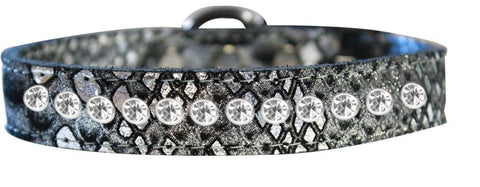 One Row Clear Jeweled Dragon Skin Genuine Leather Dog Collar Silver Size 10