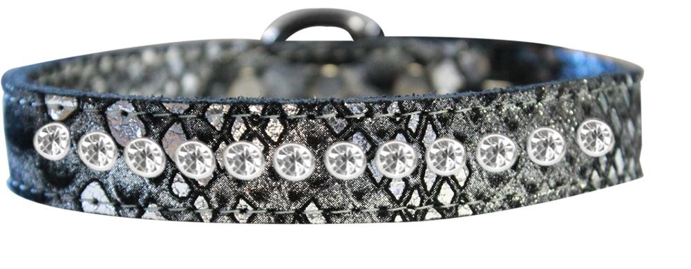 One Row Clear Jeweled Dragon Skin Genuine Leather Dog Collar Silver Size 12