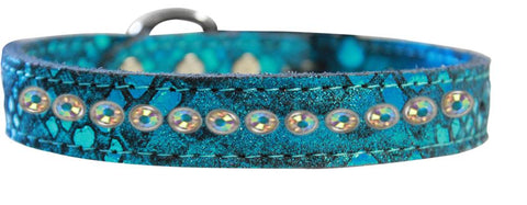 One Row Ab Crystal Jeweled Dragon Skin Genuine Leather Dog Collar Blue Size 10