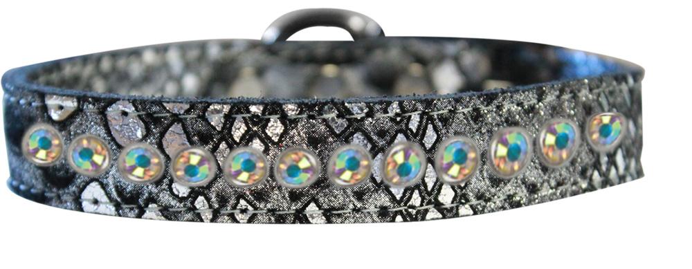 One Row Ab Crystal Jeweled Dragon Skin Genuine Leather Dog Collar Silver Size 10