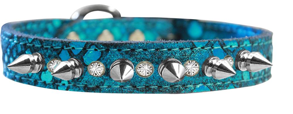 Silver Spike And Clear Crystal Dragon Skin Genuine Leather Dog Collar Blue Size 10