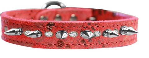 Silver Spike And Clear Crystal Dragon Skin Genuine Leather Dog Collar Red Size 14