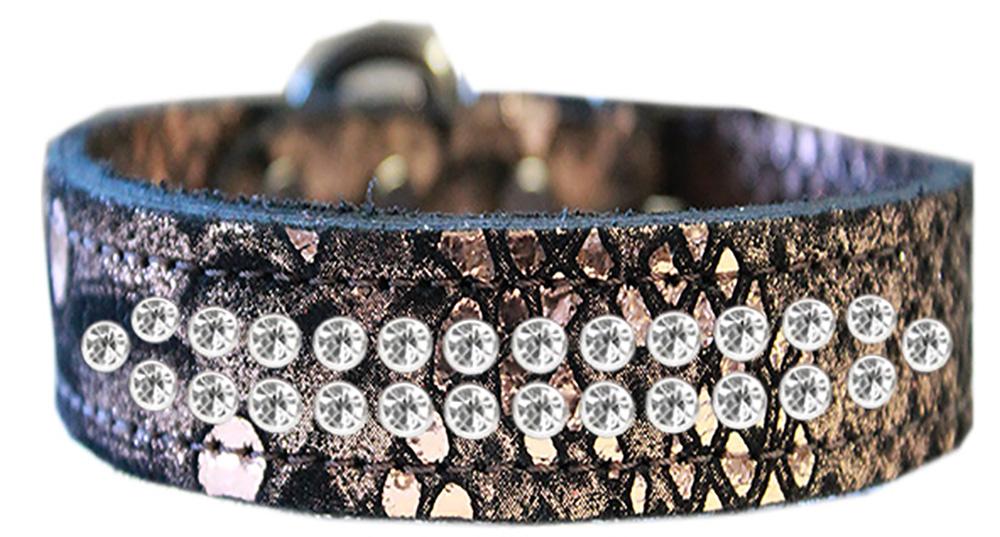 Two Row Clear Crystal Jeweled Dragon Skin Genuine Leather Dog Collar Copper Size 16