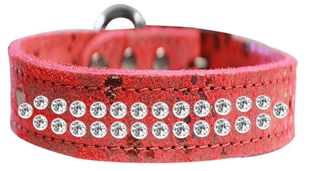 Two Row Clear Crystal Jeweled Dragon Skin Genuine Leather Dog Collar Red Size 16