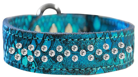 Sprinkle Clear Crystal Jeweled Dragon Skin Genuine Leather Dog Collar Blue Size 16