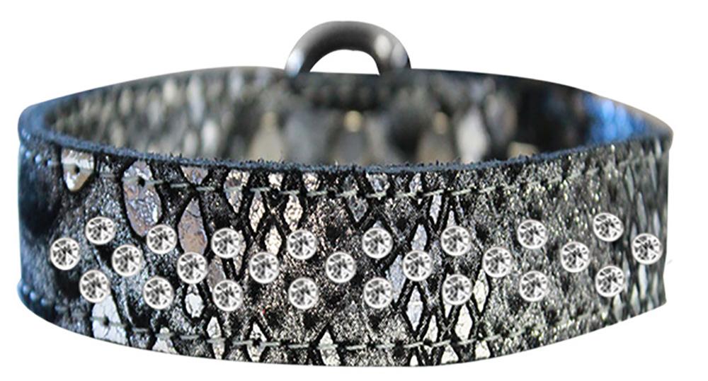 Sprinkle Clear Crystal Jeweled Dragon Skin Genuine Leather Dog Collar Silver Size 16