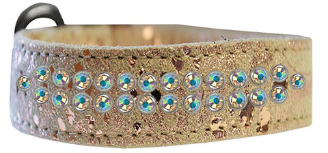 Two Row Ab Crystal Jeweled Dragon Skin Genuine Leather Dog Collar Golden Size 18